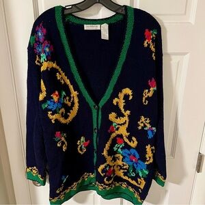 Vintage 80s Liz Claiborne Women’s Handknit Floral Cardigan: Cotton/Silk Large